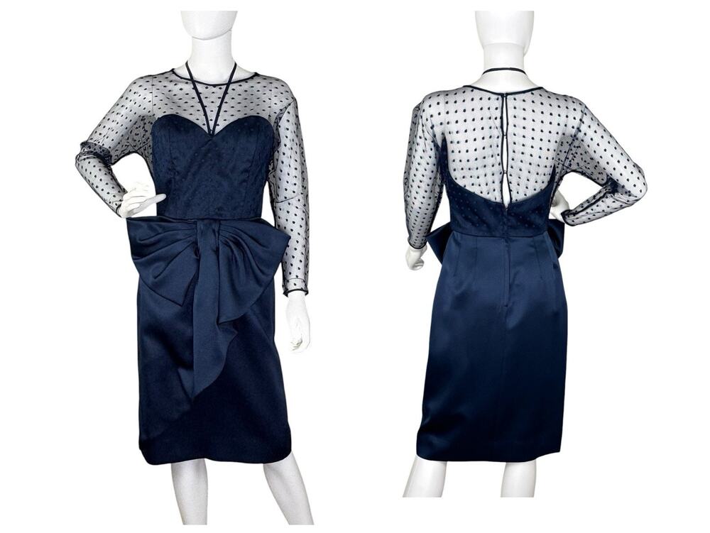 VTG VICTOR COSTA 80s Dress Mesh Dolman Overlay BOW Gilda Old Hollywood Sz 6 Navy